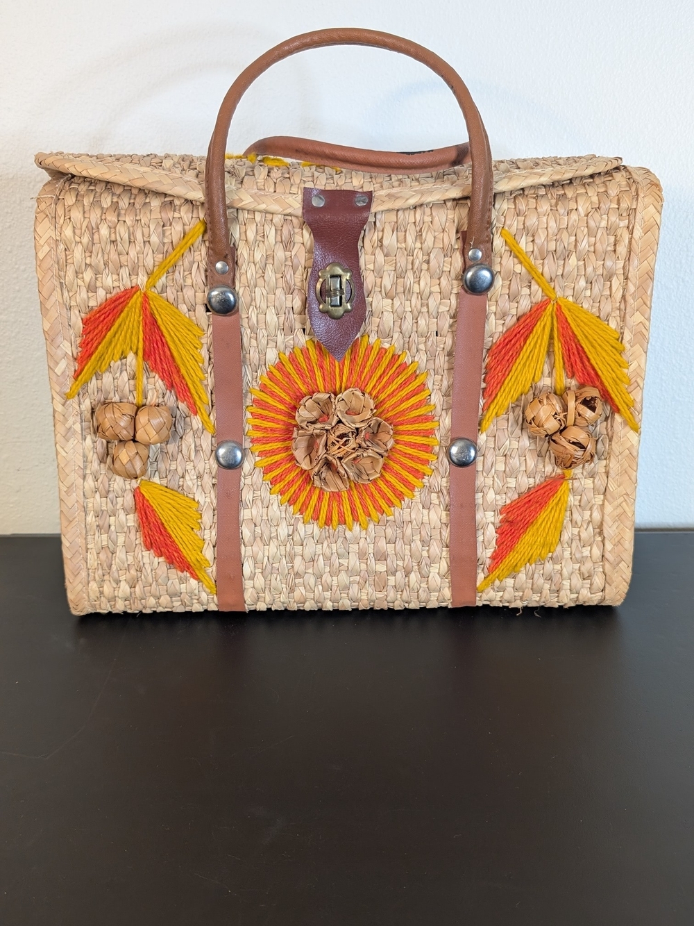 Handwoven Straw Satchel Tote with Orange and Yellow Embroidery